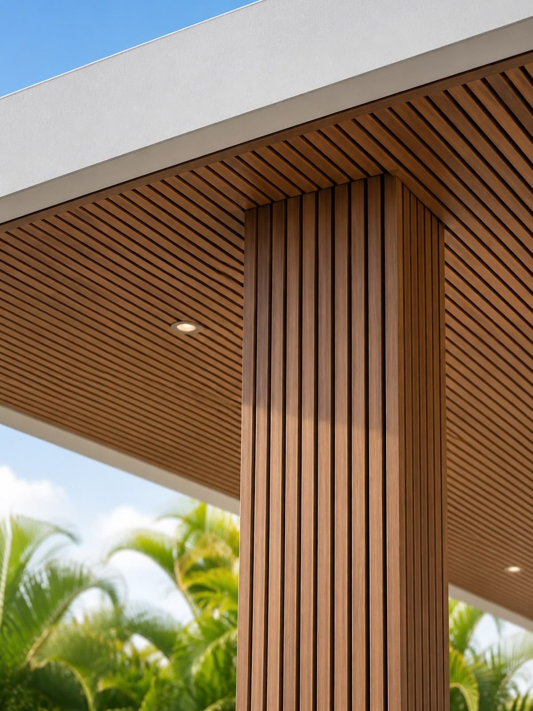 Close-up of WPC fluted panel cladding on a ceiling and column